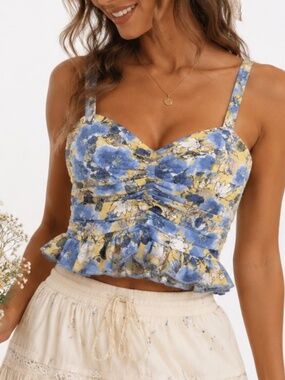 BOG Collective Crop Top Womens Size Xsmall Blue Yellow Floral Cottagecore Boho